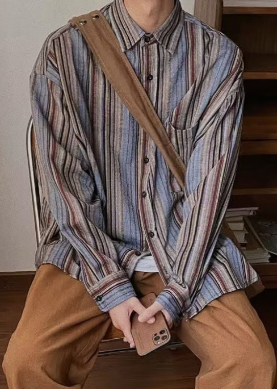 Spring Mens Pockets Button Striped Oversized Cotton Shirts Retro