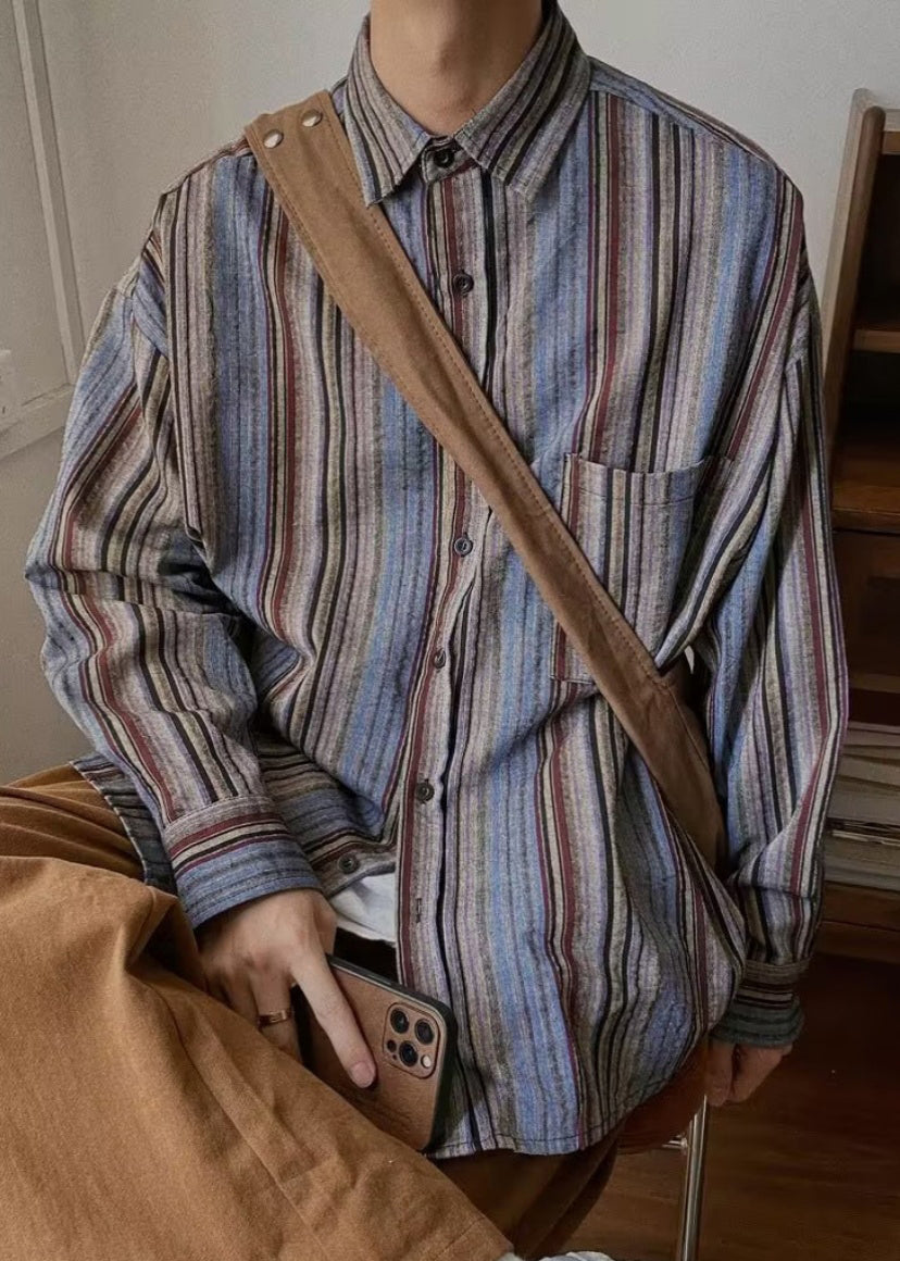Spring Mens Pockets Button Striped Oversized Cotton Shirts Retro