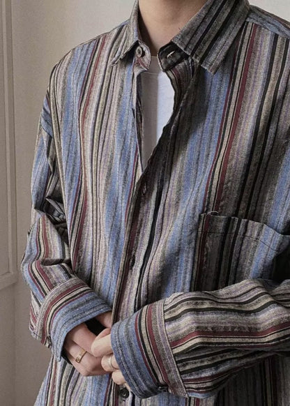Spring Mens Pockets Button Striped Oversized Cotton Shirts Retro