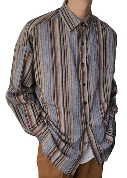 Spring Mens Pockets Button Striped Oversized Cotton Shirts Retro