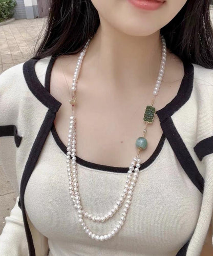 Gratuated Necklace Pearl White Beading Jade Bead Alloy Retro