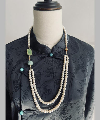 Gratuated Necklace Pearl White Beading Jade Bead Alloy Retro