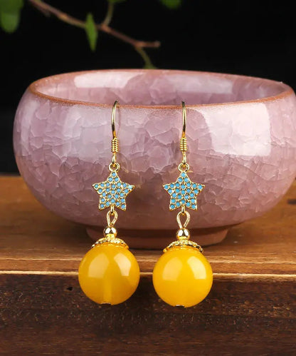 Retro Yellow Sterling Silver Amber Beeswax Star Drop Earrings Ada Fashion