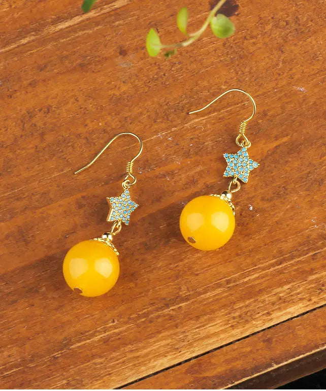 Retro Yellow Sterling Silver Amber Beeswax Star Drop Earrings Ada Fashion