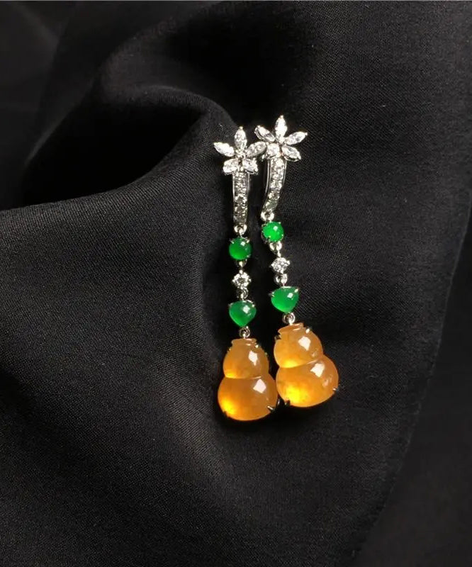 Retro Yellow Sterling Silver Zircon Jade Gourd Drop Earrings AC1049