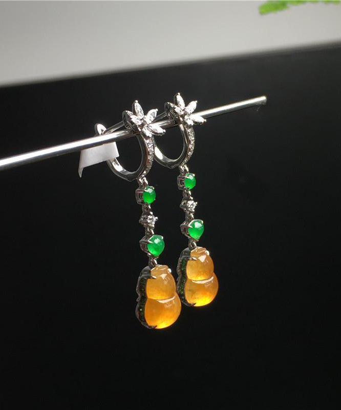 Retro Yellow Sterling Silver Zircon Jade Gourd Drop Earrings AC1049