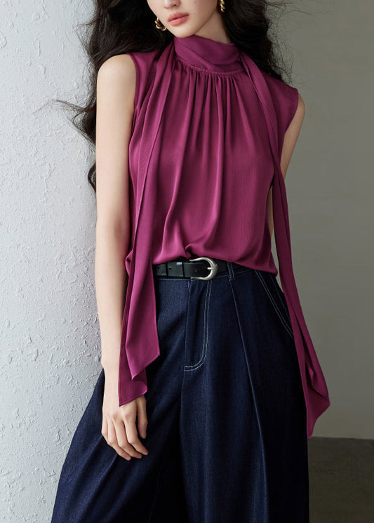 Wrinkled Rose Button Solid Silk Bow Blouses Summer