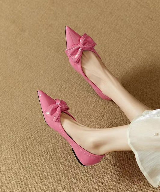 Leather Pointed Flat Shoes Rose Splicing Faux Toe Fitted Bow