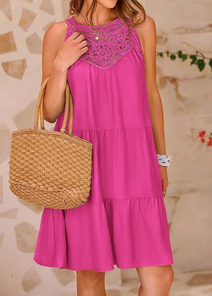 Patchwork Cotton Rose Dress Hollow Out Sleeveless Mini