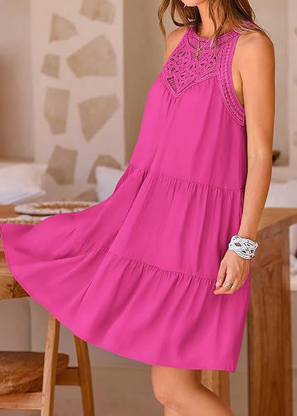 Patchwork Cotton Rose Dress Hollow Out Sleeveless Mini