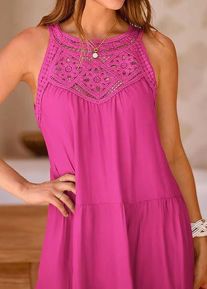 Patchwork Cotton Rose Dress Hollow Out Sleeveless Mini