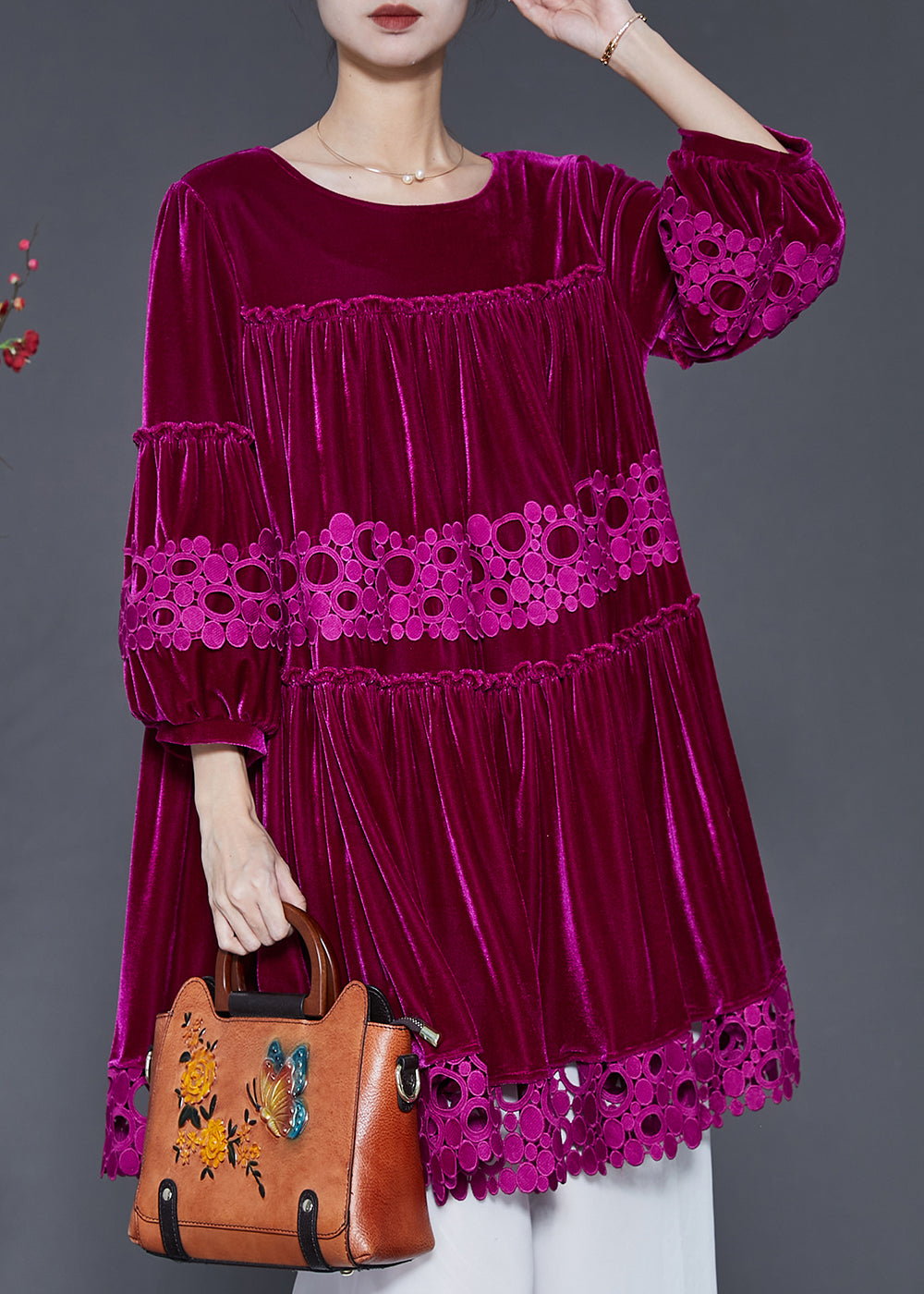 Rose Patchwork Lace Silk Velvet Dress Oversized Lantern Sleeve SD1066