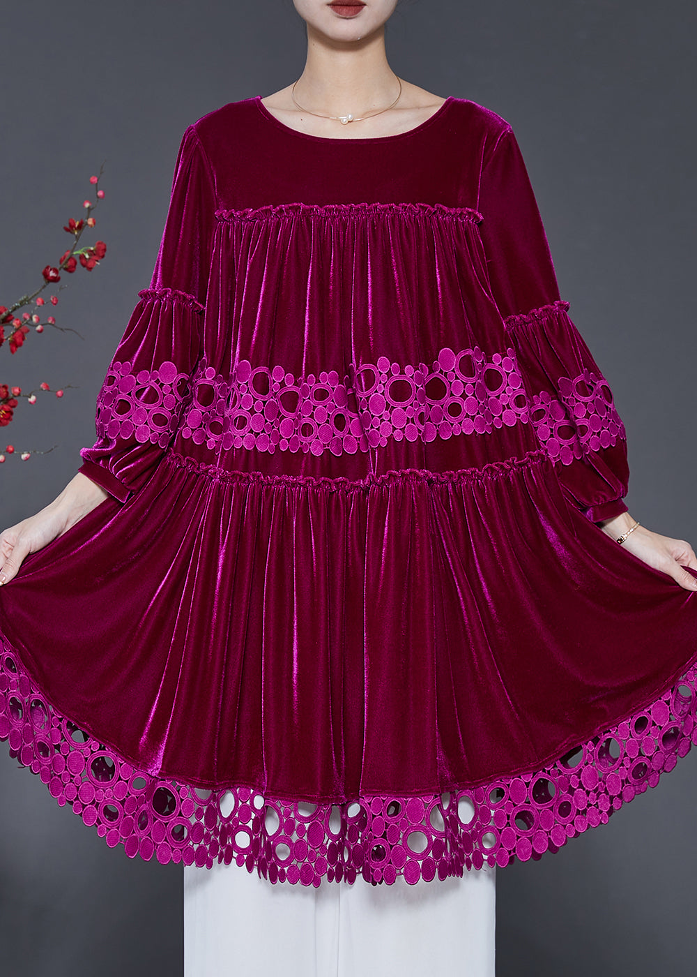 Rose Patchwork Lace Silk Velvet Dress Oversized Lantern Sleeve SD1066