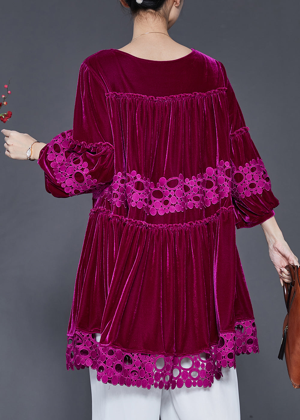 Rose Patchwork Lace Silk Velvet Dress Oversized Lantern Sleeve SD1066