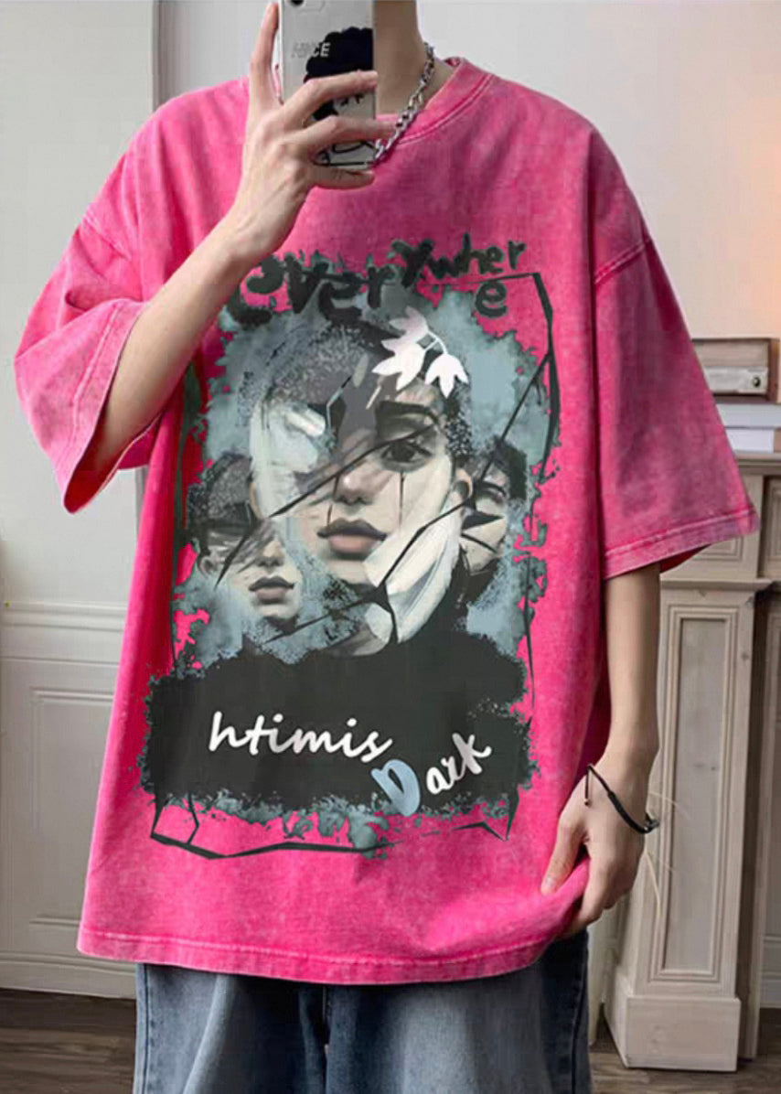 Men Shirts Half Rose Cotton T Print Sleeve Oversized