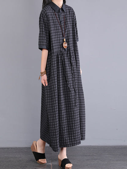 Plus Size Women Artsy Plaid Cotton Linen Dress KL1021