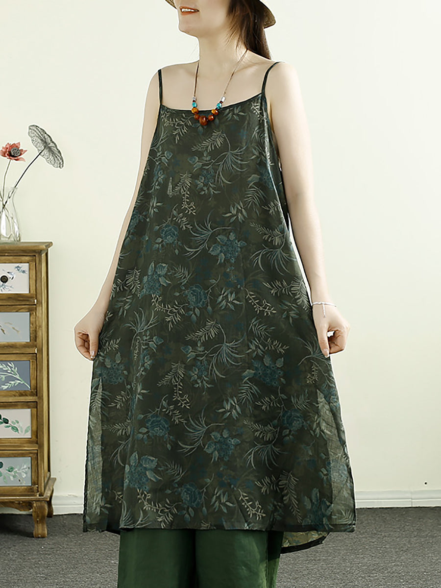 Women Summer Vintage Flower Ramie Vest Dress ZZ1045