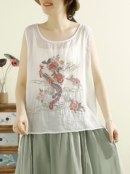 Women Vintage Flower Embroidery Ramie Summer Vest WE1022