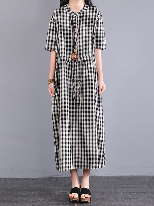 Plus Size Women Casual Plaid Summer Cotton Linen Dress SC1061