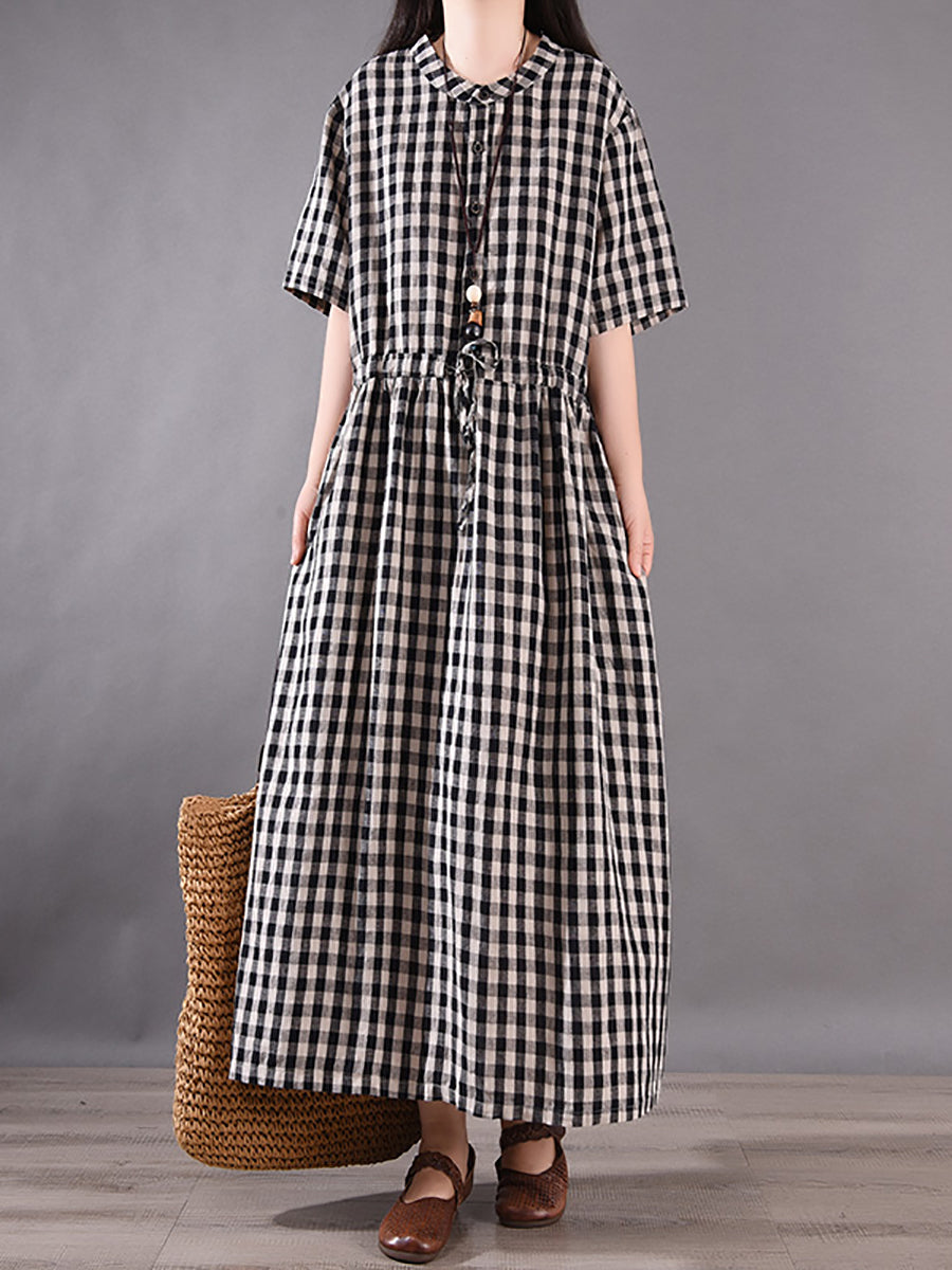 Women Summer Vintage Plaid Strap Linen Cotton Dress CV1036