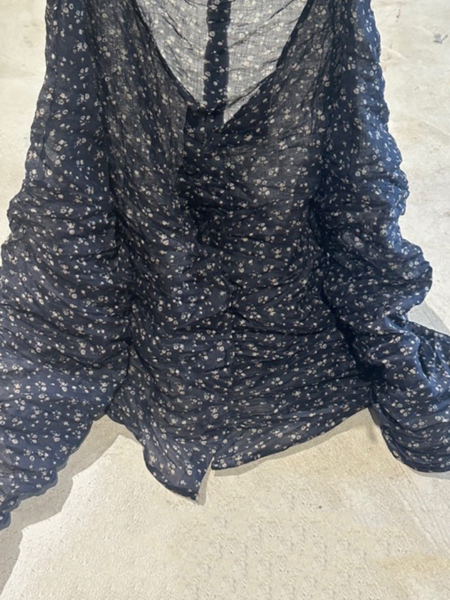 Shirt O-Neck Autumn Women Button Floral Vintage Ramie