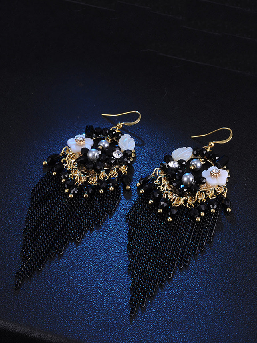 Bohemia Women Tassel Bead Flower Alloy Earrings FD011