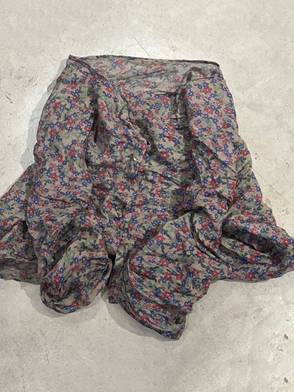 Shirt O-Neck Autumn Women Button Floral Vintage Ramie