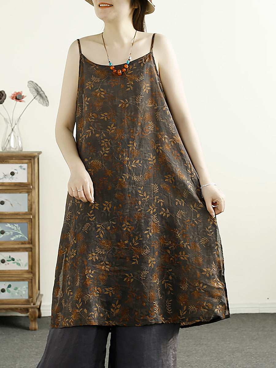 Women Summer Vintage Flower Ramie Vest Dress ZZ1045