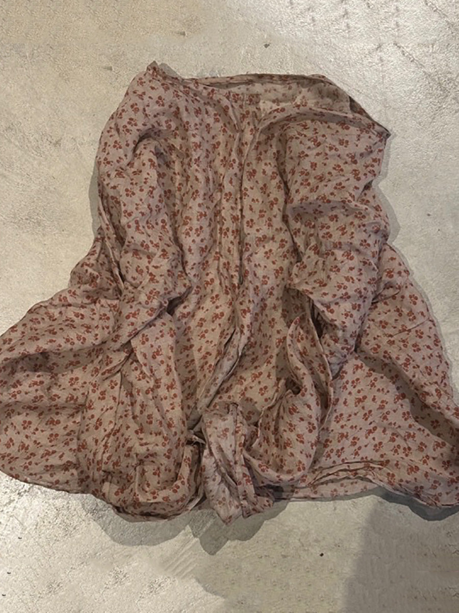 Shirt O-Neck Autumn Women Button Floral Vintage Ramie