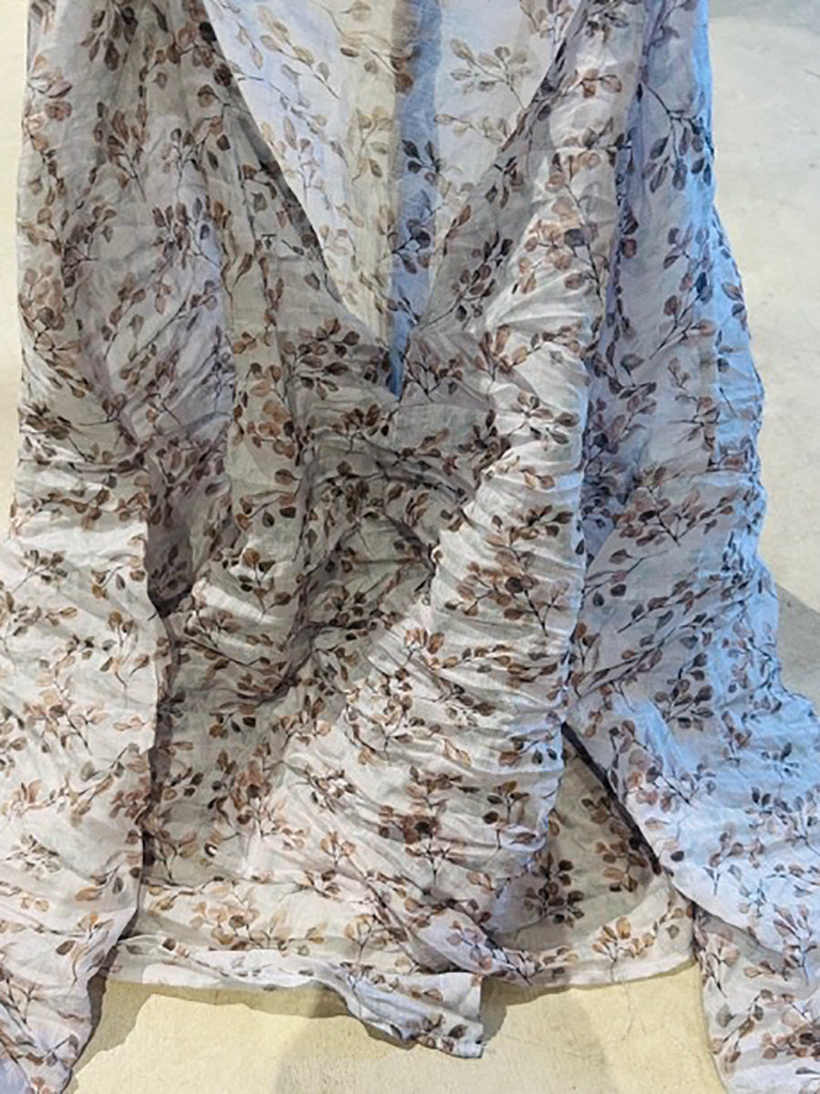 Shirt O-Neck Autumn Women Button Floral Vintage Ramie