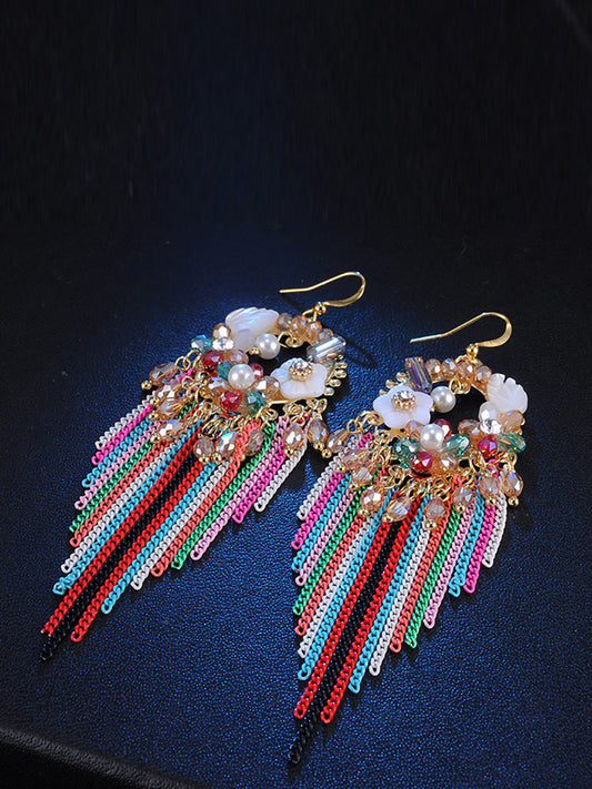 Bohemia Women Tassel Bead Flower Alloy Earrings FD011