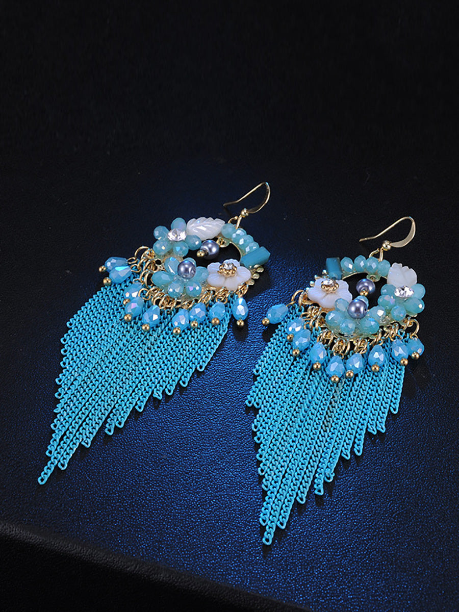 Bohemia Women Tassel Bead Flower Alloy Earrings FD011