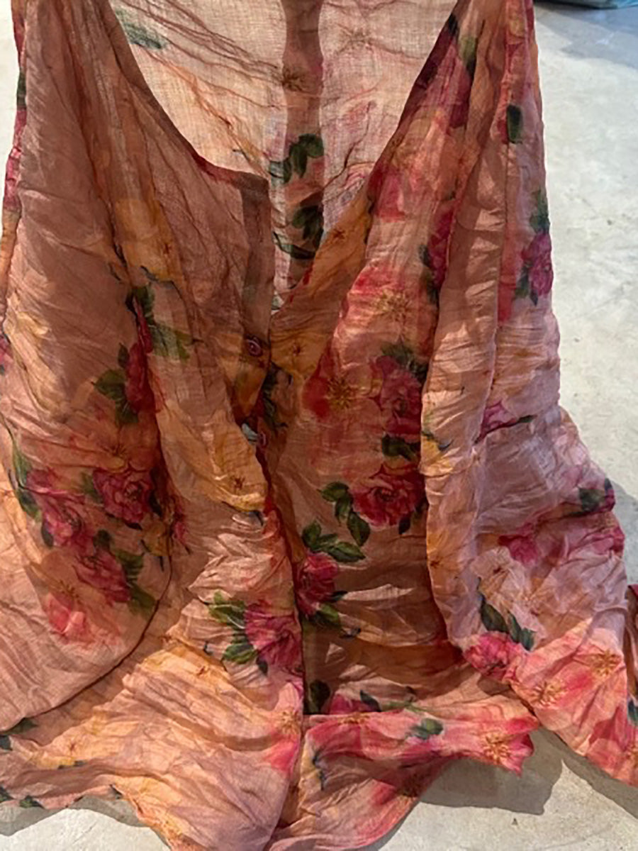 Shirt O-Neck Autumn Women Button Floral Vintage Ramie