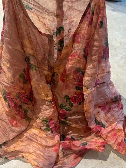 Shirt O-Neck Autumn Women Button Floral Vintage Ramie