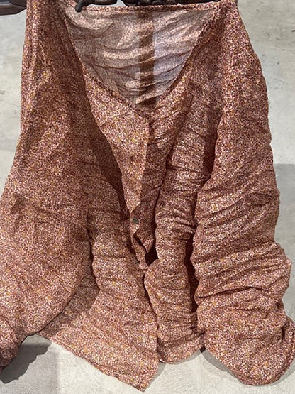 Shirt O-Neck Autumn Women Button Floral Vintage Ramie