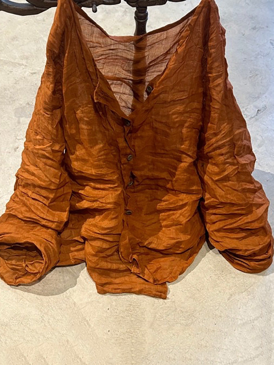 Shirt O-Neck Autumn Women Button Floral Vintage Ramie