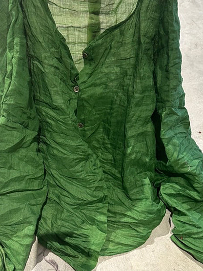 Shirt O-Neck Autumn Women Button Floral Vintage Ramie