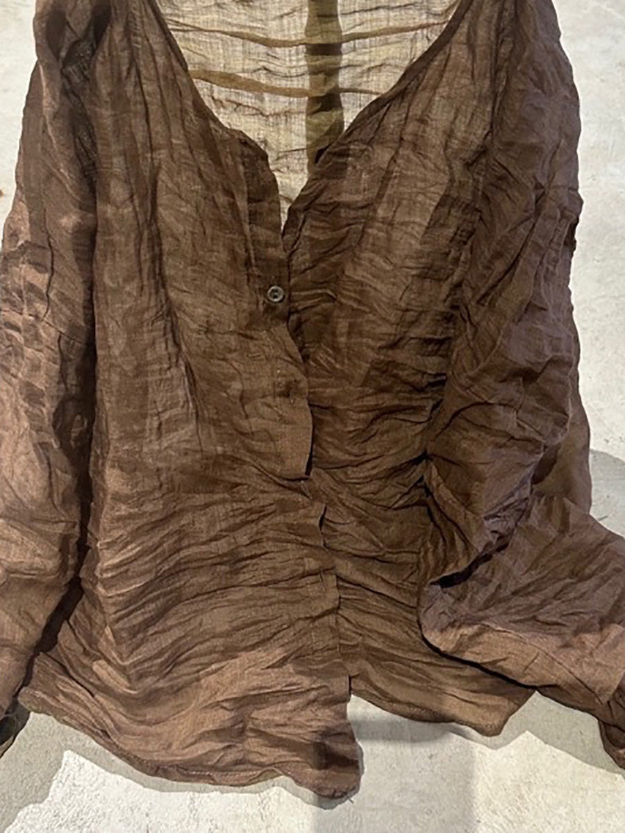 Shirt O-Neck Autumn Women Button Floral Vintage Ramie