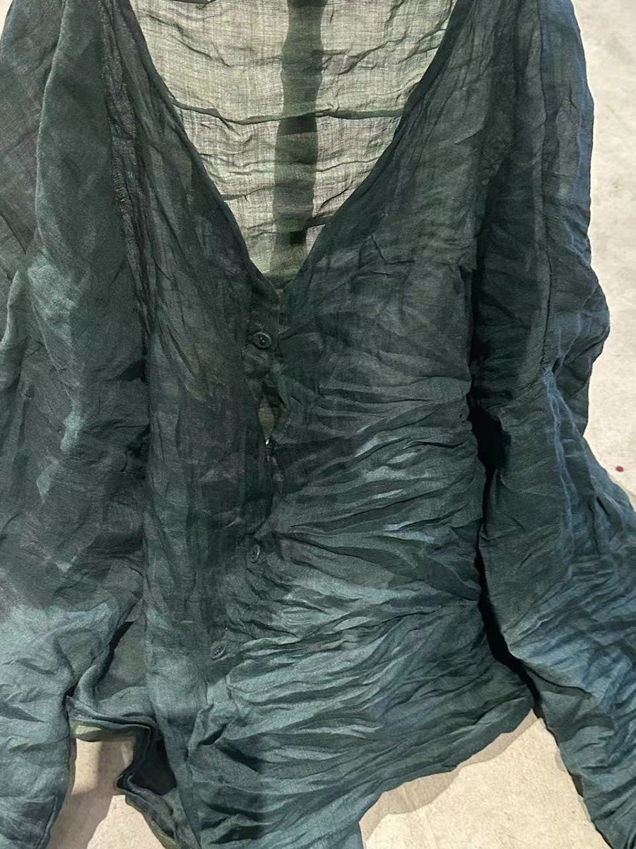 Shirt O-Neck Autumn Women Button Floral Vintage Ramie