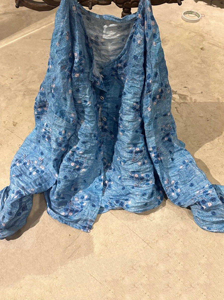 Shirt O-Neck Autumn Women Button Floral Vintage Ramie