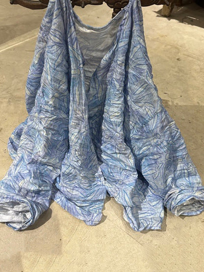 Shirt O-Neck Autumn Women Button Floral Vintage Ramie