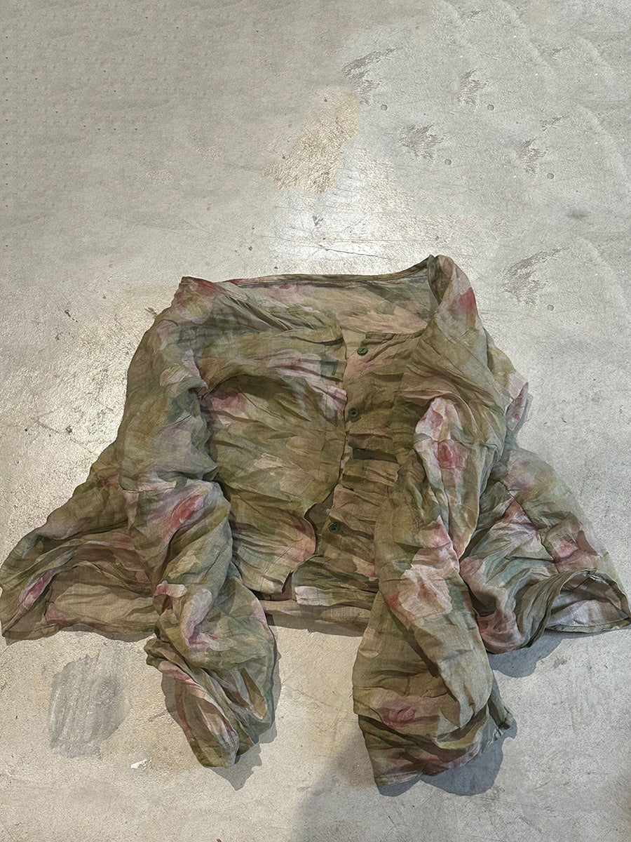 Shirt O-Neck Autumn Women Button Floral Vintage Ramie