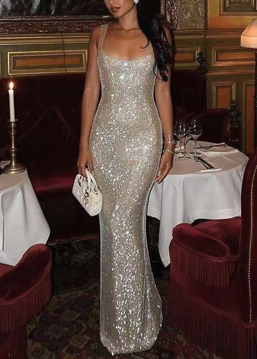 Sexy Apricot Backless Original Design Tulle Patchwork Maxi Dresses Sleeveless YT009