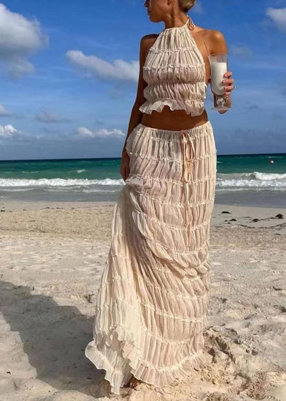 Sexy Wrinkled Halter Two Apricot Set Piece Backless