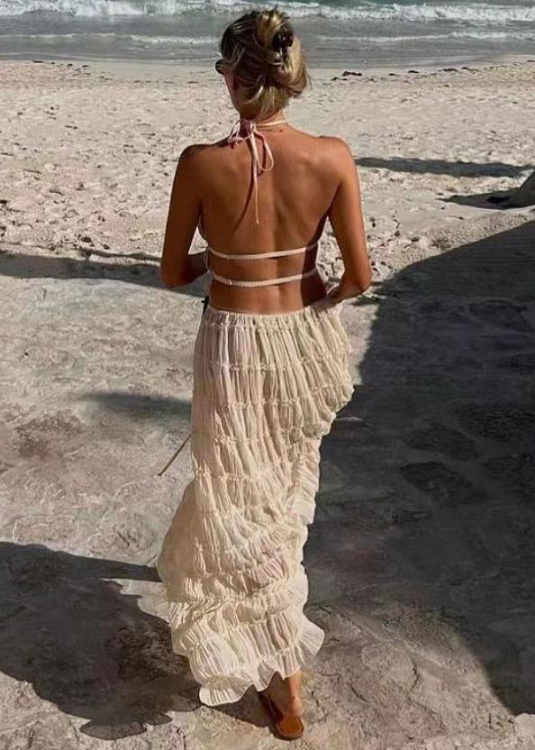 Sexy Wrinkled Halter Two Apricot Set Piece Backless