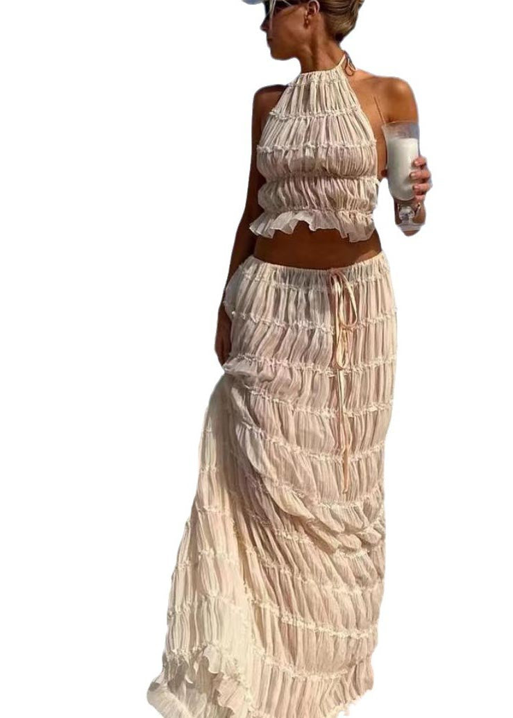 Sexy Wrinkled Halter Two Apricot Set Piece Backless