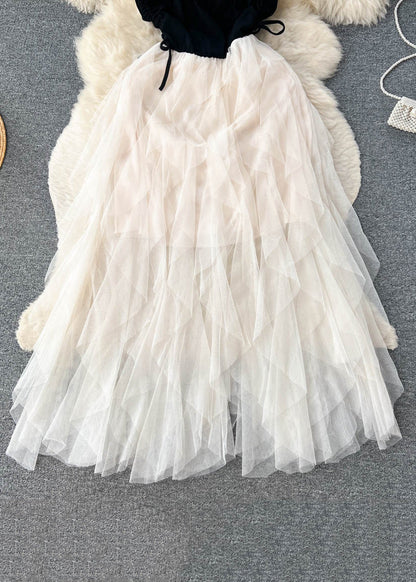 Sexy Apricot Cinched Patchwork Tulle Spaghetti Strap Dress Sleeveless TR044