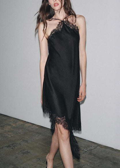 Black Patchwork Dresses Lace Asymmetrical Sleeveless Sexy Silk