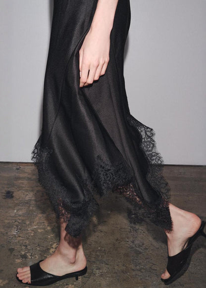 Black Patchwork Dresses Lace Asymmetrical Sleeveless Sexy Silk