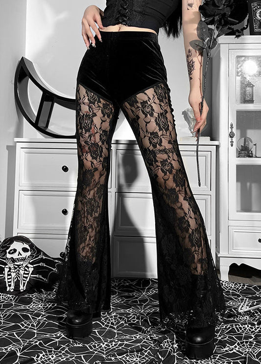 Sexy Black High Waist Lace Patchwork Silk Velvet Flared Trousers Spring YT014